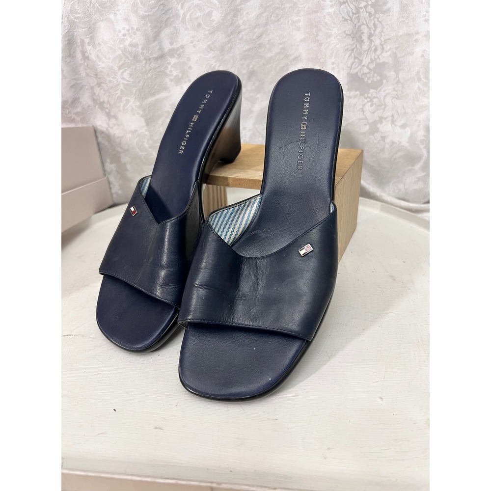 Tommy Hilfiger Marie Navy Blue Leather Wedge Sandals Mules Size 8.5 M W21003M